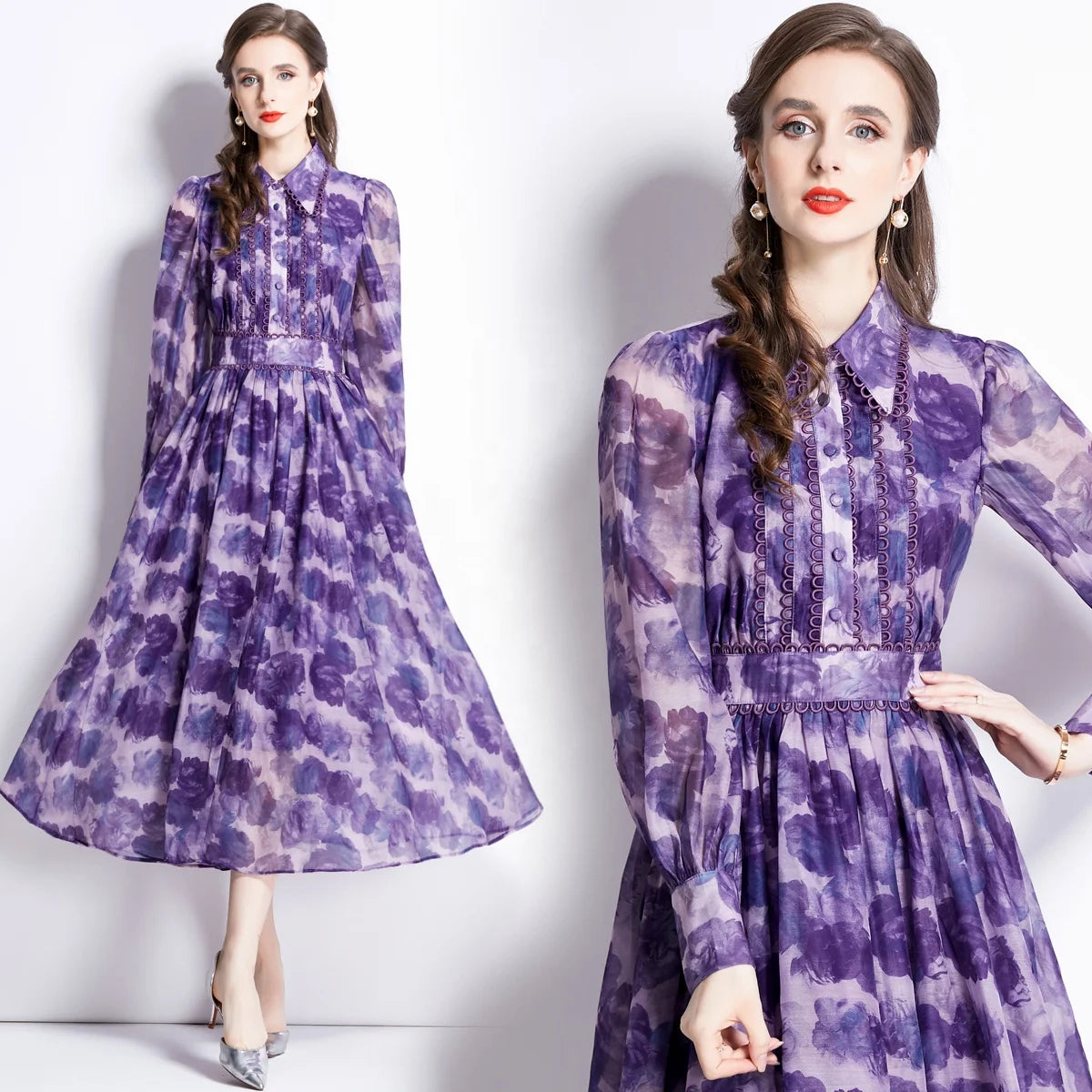 Plus Size Women's High End Printed Floor-Length Zippers Long Sleeve Elegant Fashion Dress 2024 Spring Wear New