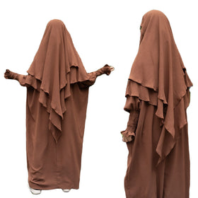 Wholesale Modest Muslim Prayer Crepe Dress Set Two Layers Jilbabs Hijab Solid Color Saudi Abaya Ladies Robe Suit for Women L0046