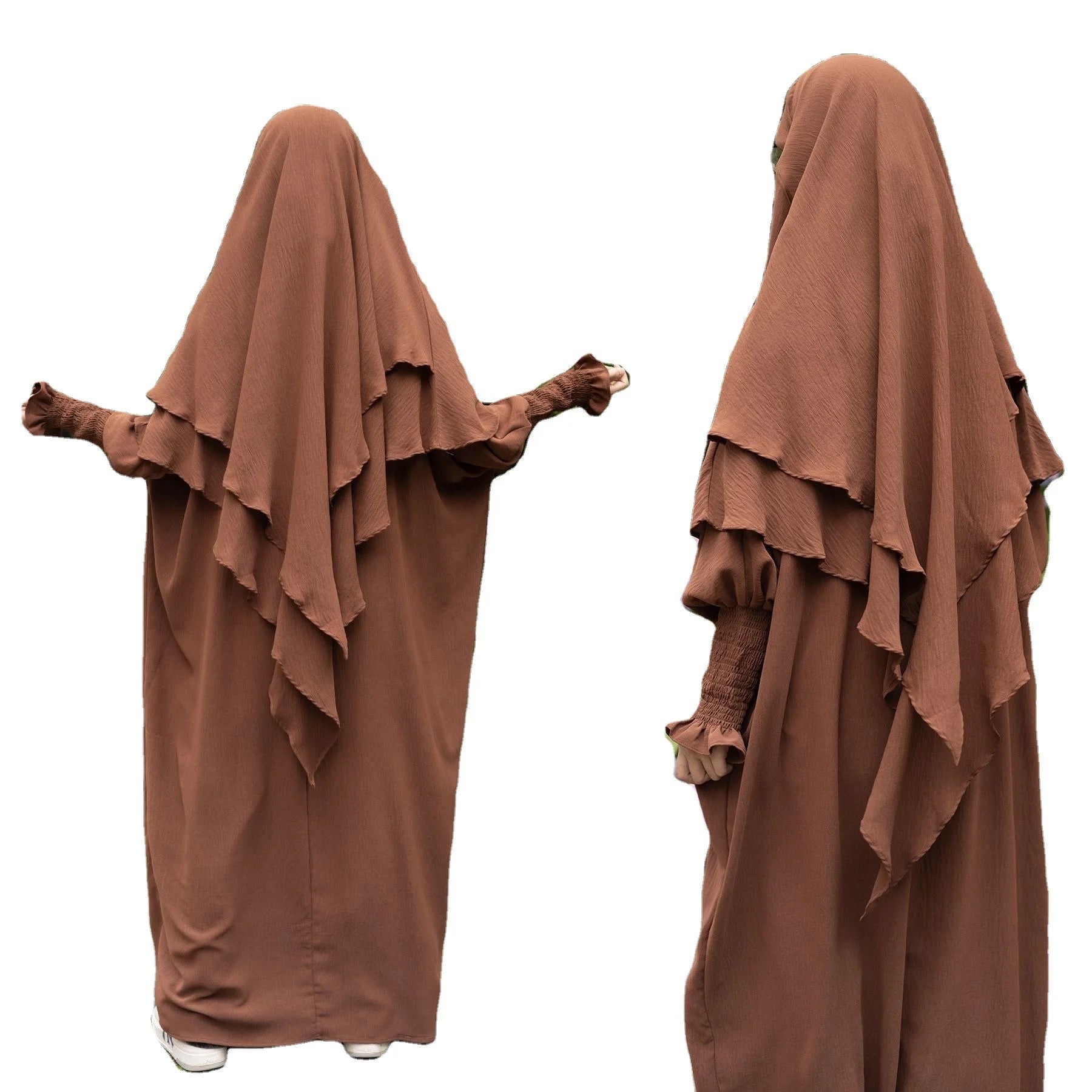 Wholesale Modest Muslim Prayer Crepe Dress Set Two Layers Jilbabs Hijab Solid Color Saudi Abaya Ladies Robe Suit for Women L0046