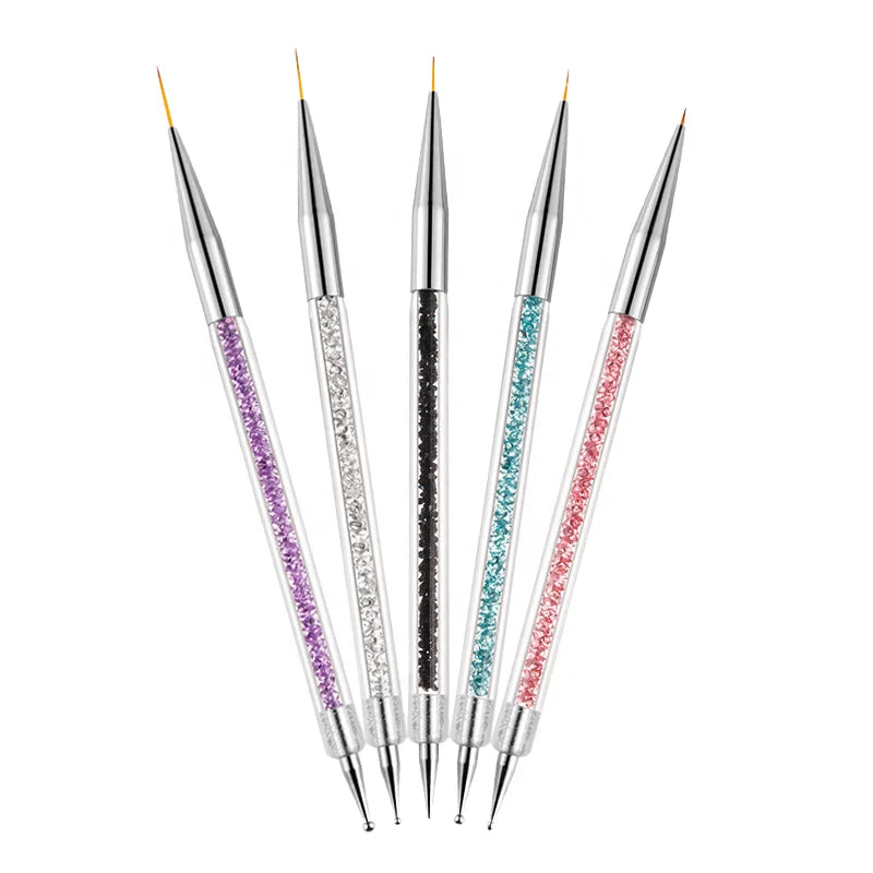 5pcs/Set 2 in 1 Dual-Ended Nail Art Liner Brushes With Crystal Handle Professional UV Gel Dotting Painting Drawing Pen DIY Tools