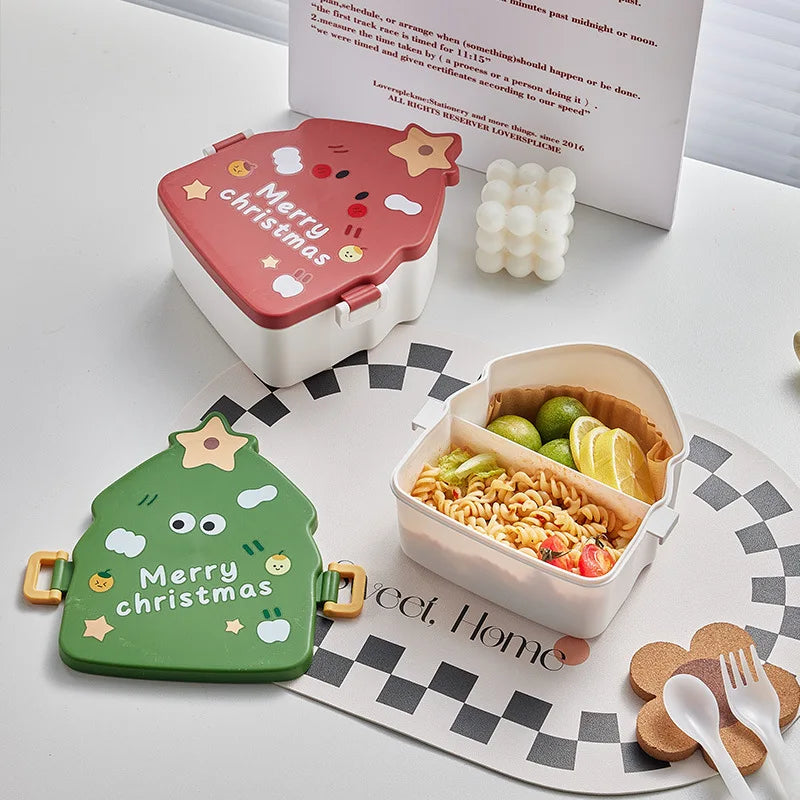 Cute 2-Compartment Plastic Portable Lunch Box With Lid Kids Christmas Tree Bento Box Microwavable Supplementary Food Container