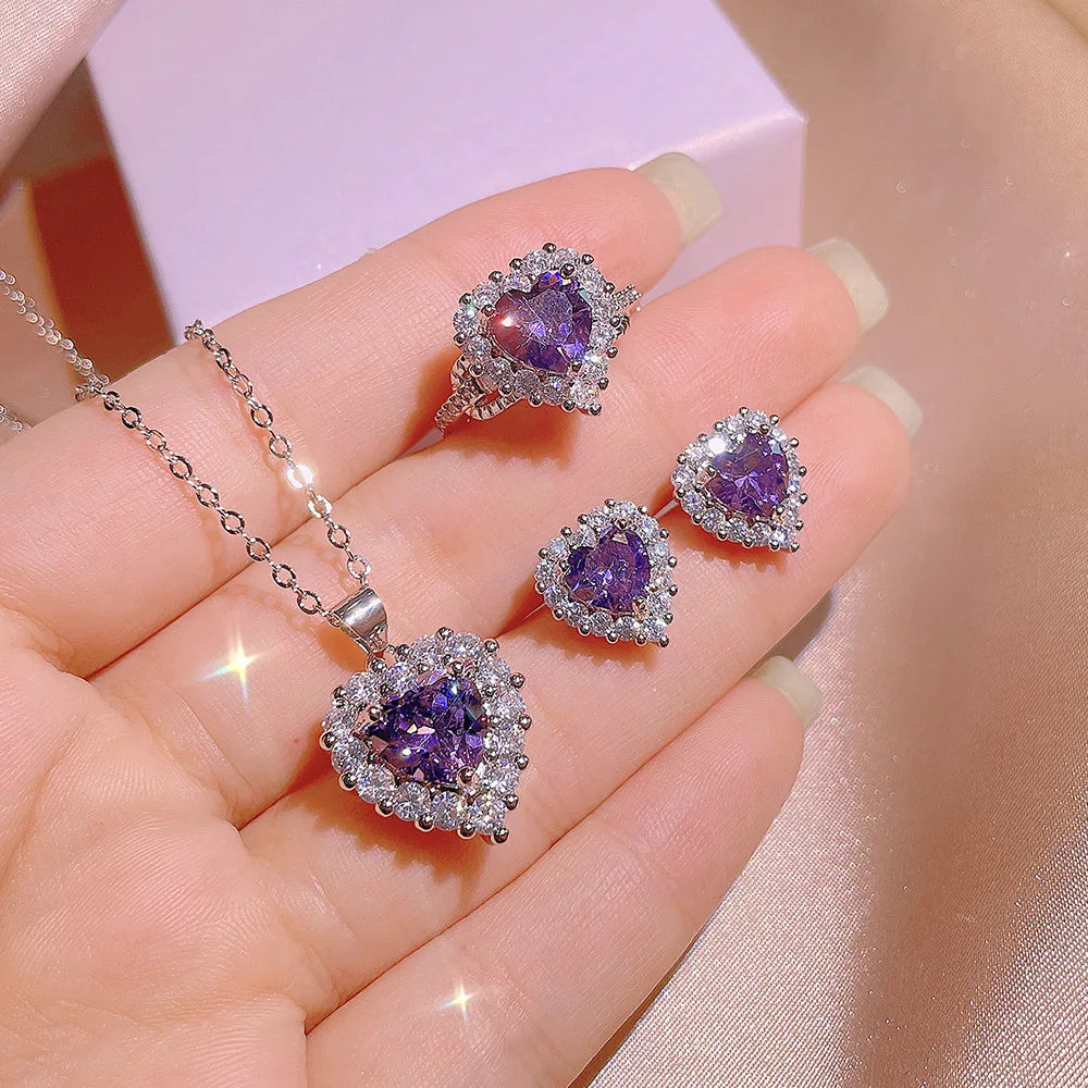 Bulk Order Topa Blue Zircon Heart Ring Earrings Three Piece Fashion Rhinestone Jewelry Necklaces Set for Women Accessories