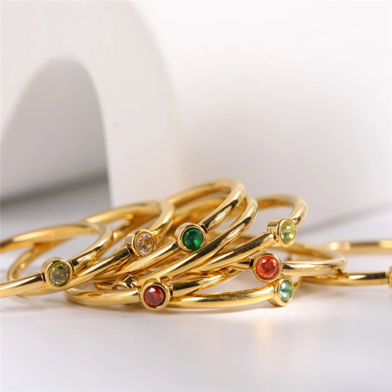 Mimalist Colorful 18K Real Gold Plated Titanium Stainless Steel Adjustable Ruby 12 Months Birthstone Zircon Ring Jewelry