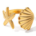 New Ins Ocean Style Stainless Steel Waterproof 18K PVD Plated Shell and Starfish Rings Tarnish Free Fashion Rings for Girls