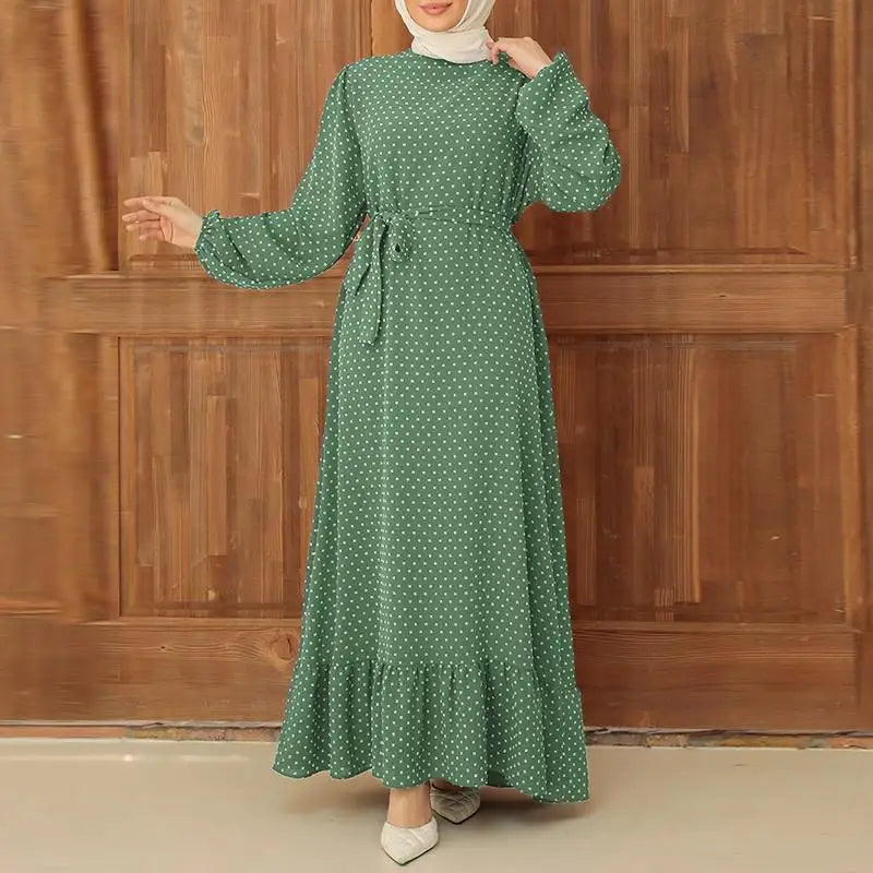 Muslim Women Polka Dot Print Robe Dress Islamic Ladies Conservative Abaya Maxi Kaftan Dress Long Sleeves Prayer Clothes