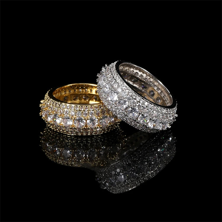 Fashion Men Jewelry Hip Hop Diamond Finger Ring 18K Gold Plated Micro Pave Five Rows CZ Diamond Ring