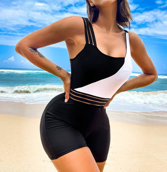 S-XL Casual Swimsuit Women's One-piece Patchwork Suspender Flat Angle Jumpsuit Swimsuit