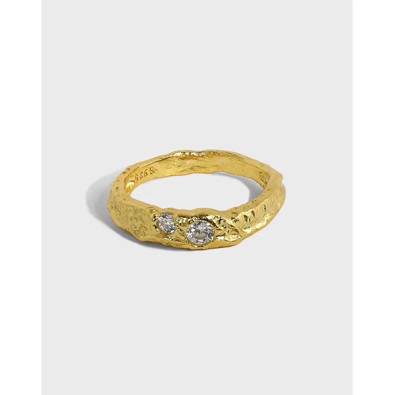 925 Sterling Silver Micro Insert Clear White Zircon Stone Hammered Rings Gold & Rhodium Plated Tin Foil Texture for Weddings