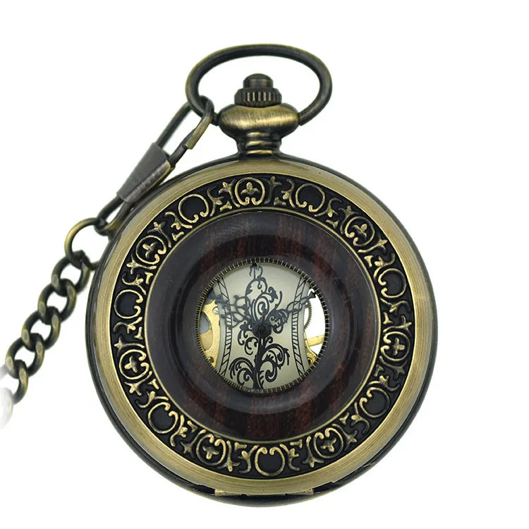 Stainless Steel Inter-Wood Watch Retro Flip Mechanical Pocket Watches