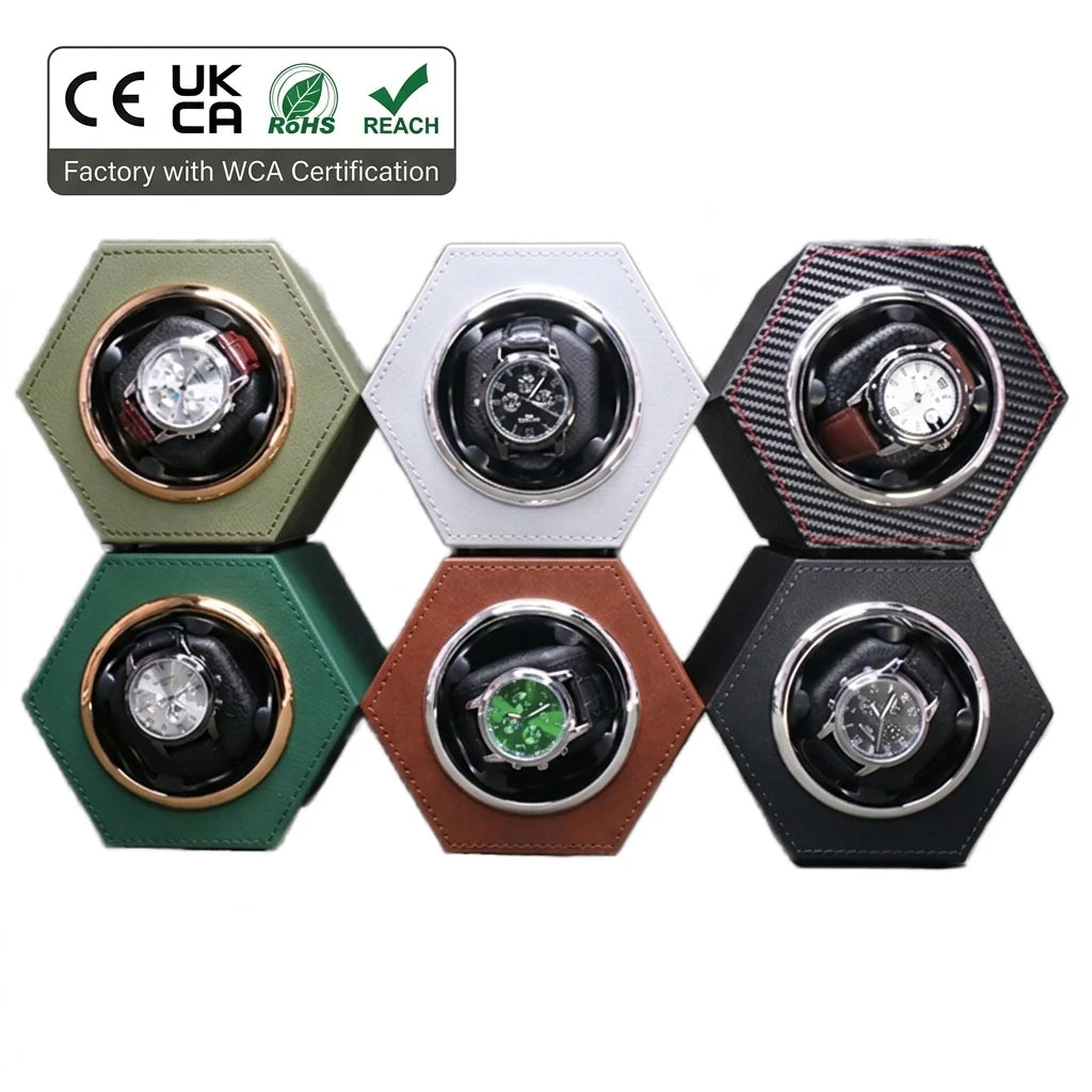 Luxury Hexagon PU Leather Watch Winder with Electroplated Bezel 6 Colors Linkable Series Case for Professional Online Brands