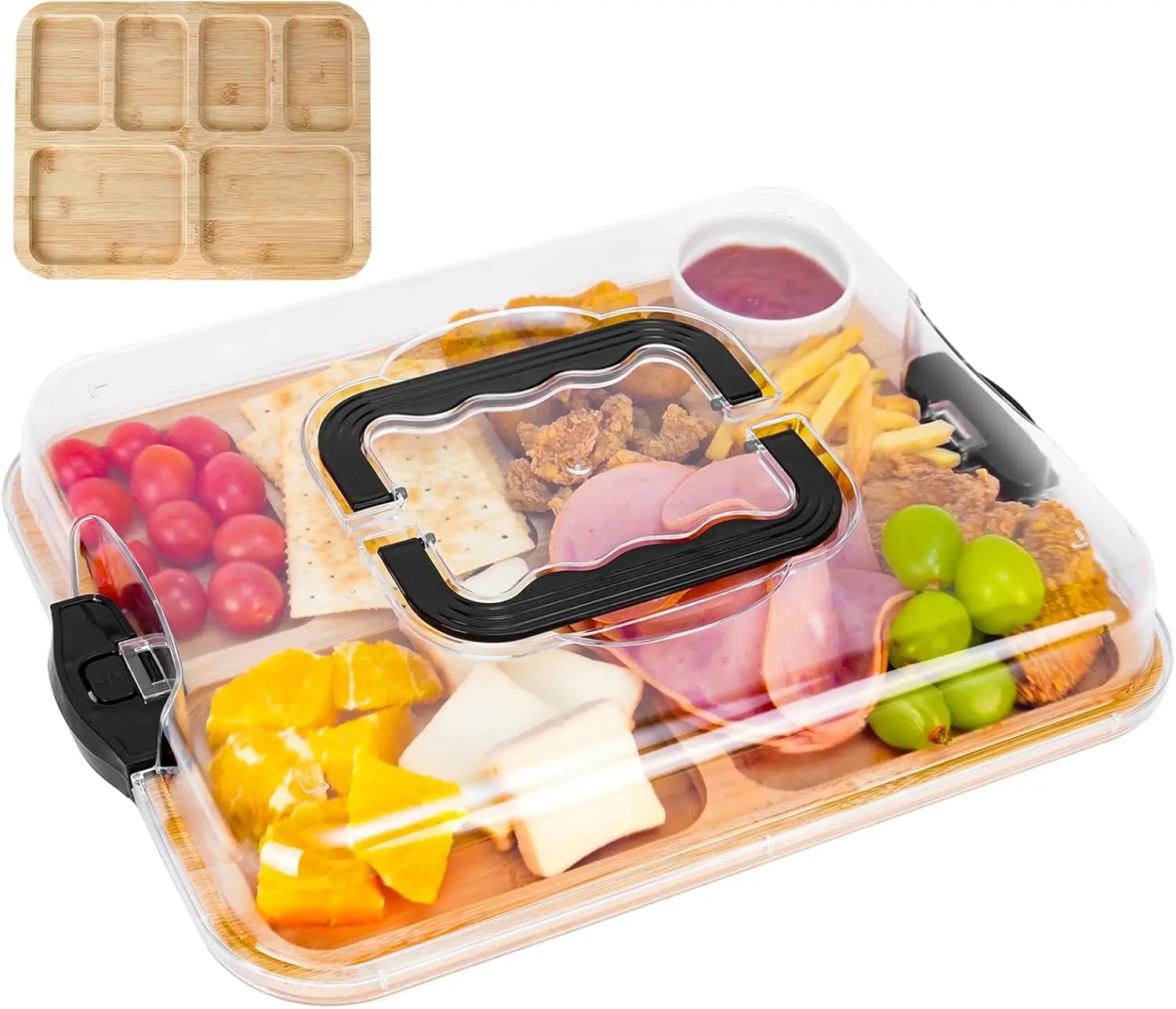 Disposable 6-Compartment Arylic Charcuterie Board Natural Wood Cutting Board 5.8cm Height 36x26cm Size Travel Cheese Board