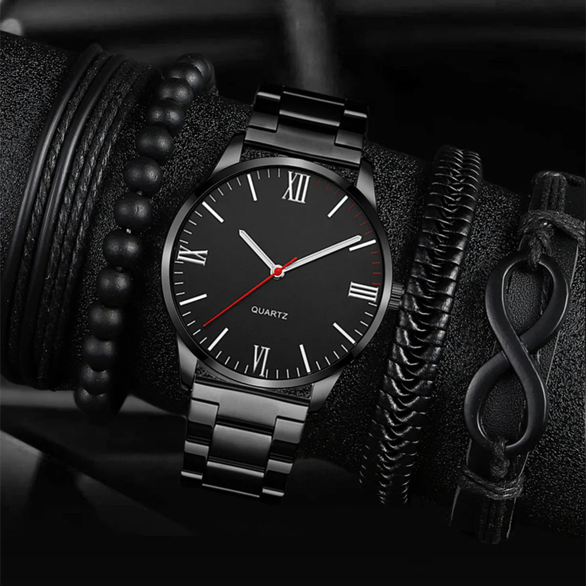 Men's Watch Luxury Bracelet Multi Piece Set Fashion Business Black Stainless Steel Band Quartz Watch Gift Set Reno Masculino