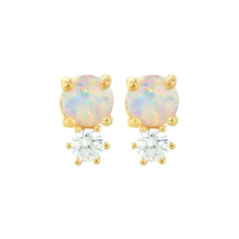 Personality Double 14k Gold Plated Sterling Silver 925 Engagement Wedding Opal Zircon Stud Earrings
