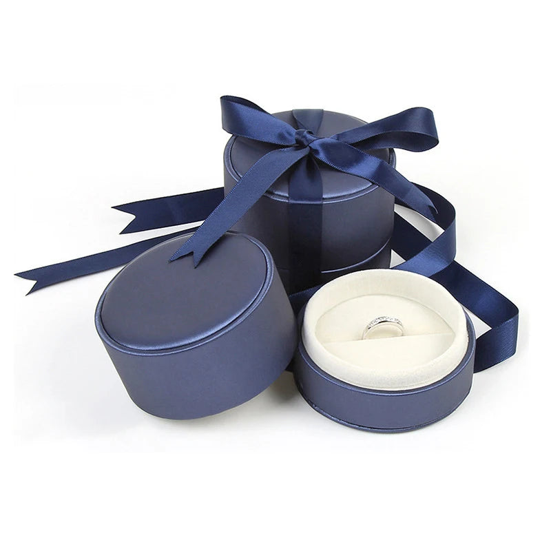 Stylish Circular PU Leather Jewelry Box with Silk Ribbon Festive Birthday Gifts Bracelet Ring Velvet Jewelry Packaging Box