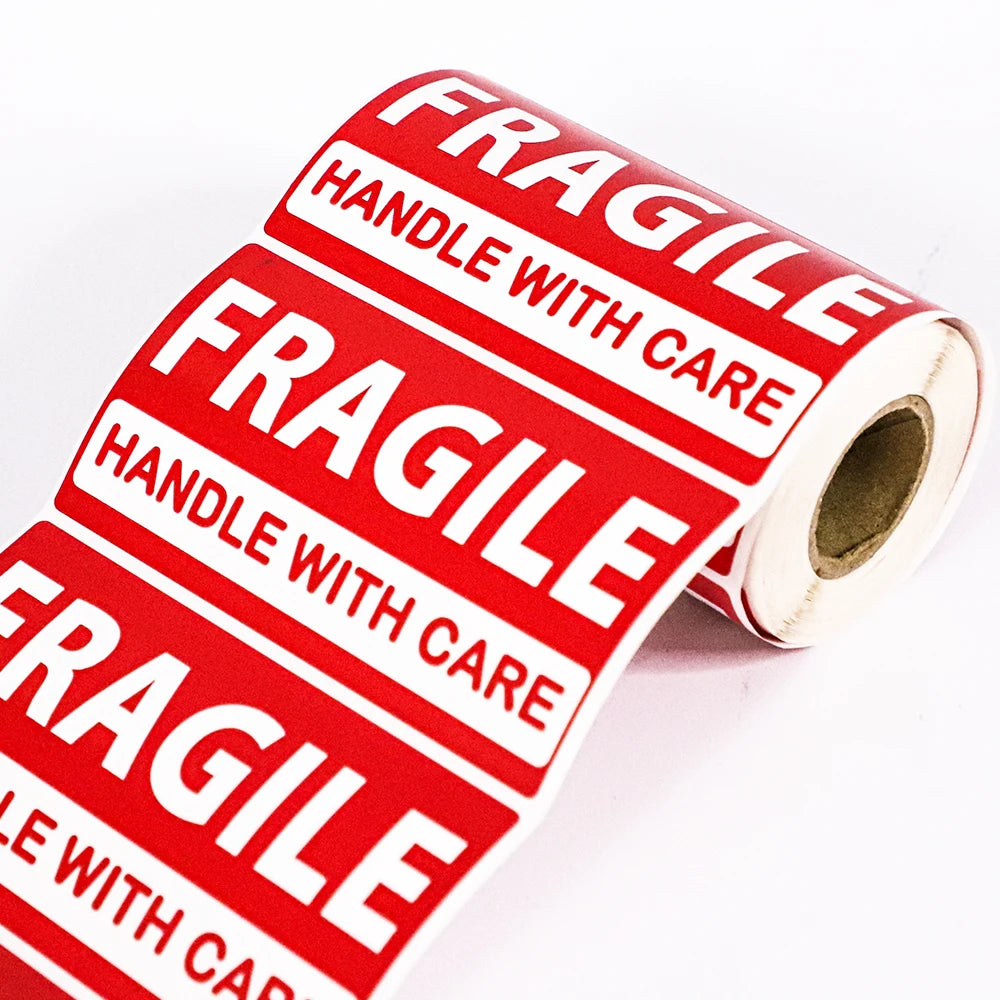 Roll Large Adhesive Sticker Custom Box Packaging LabelsRed Warning Glass Shipping Label Handle Care Fragile Stickers