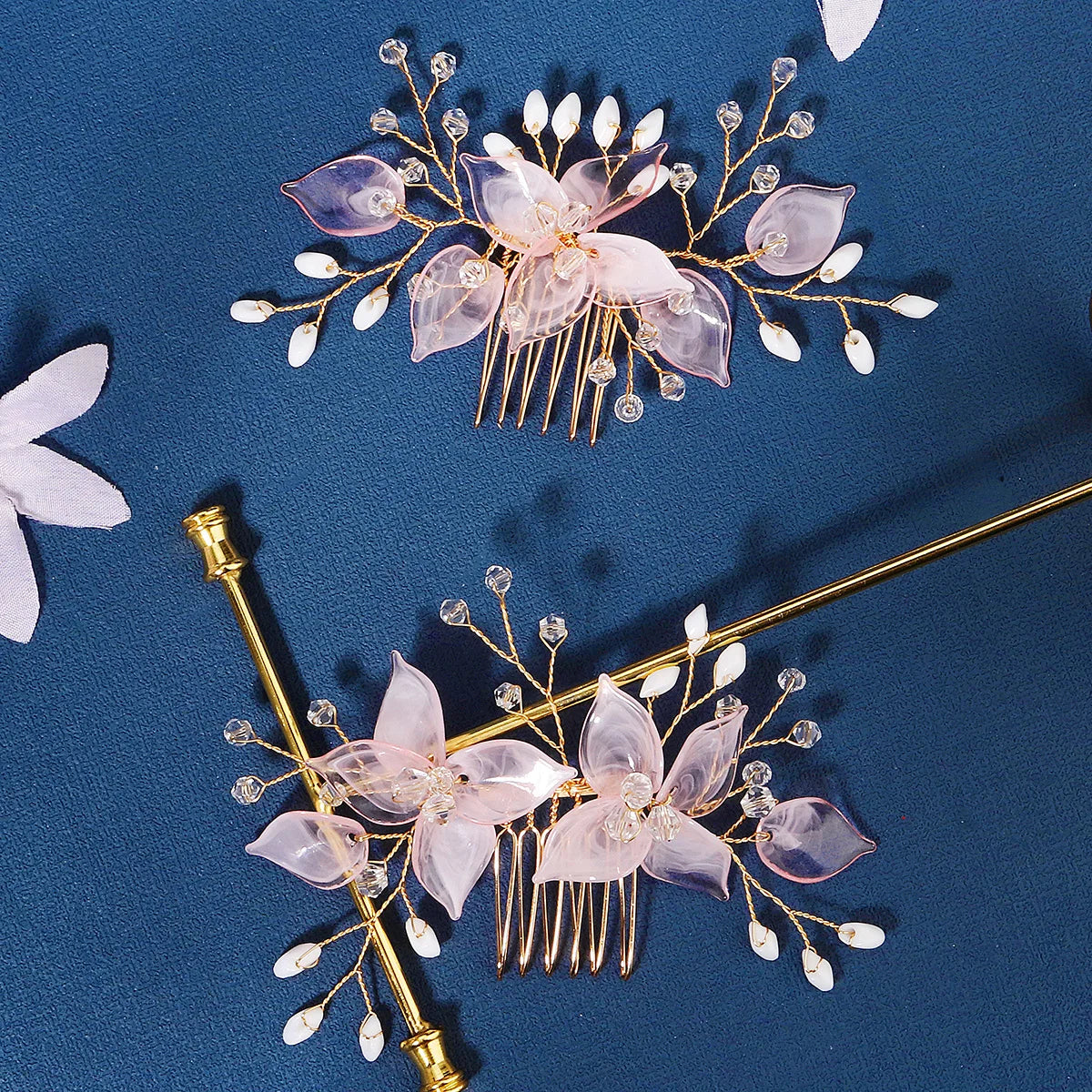 2 Pieces Set Handmade Bead Resin Flower Bridal Accessories Crystal Jewelry Set Crystal Bridal Wedding Pearl Hair Comb