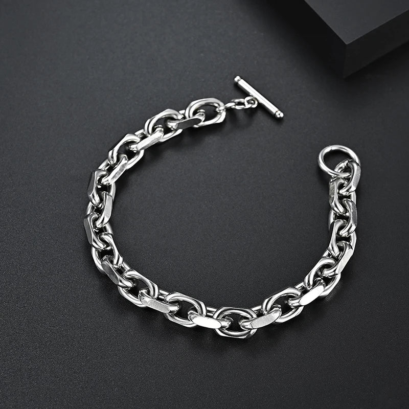 Mens Stainless Steel Heavy Thick 9mm Width Oval Rolo Cable Chain Link Bracelet With Toggle Clasp