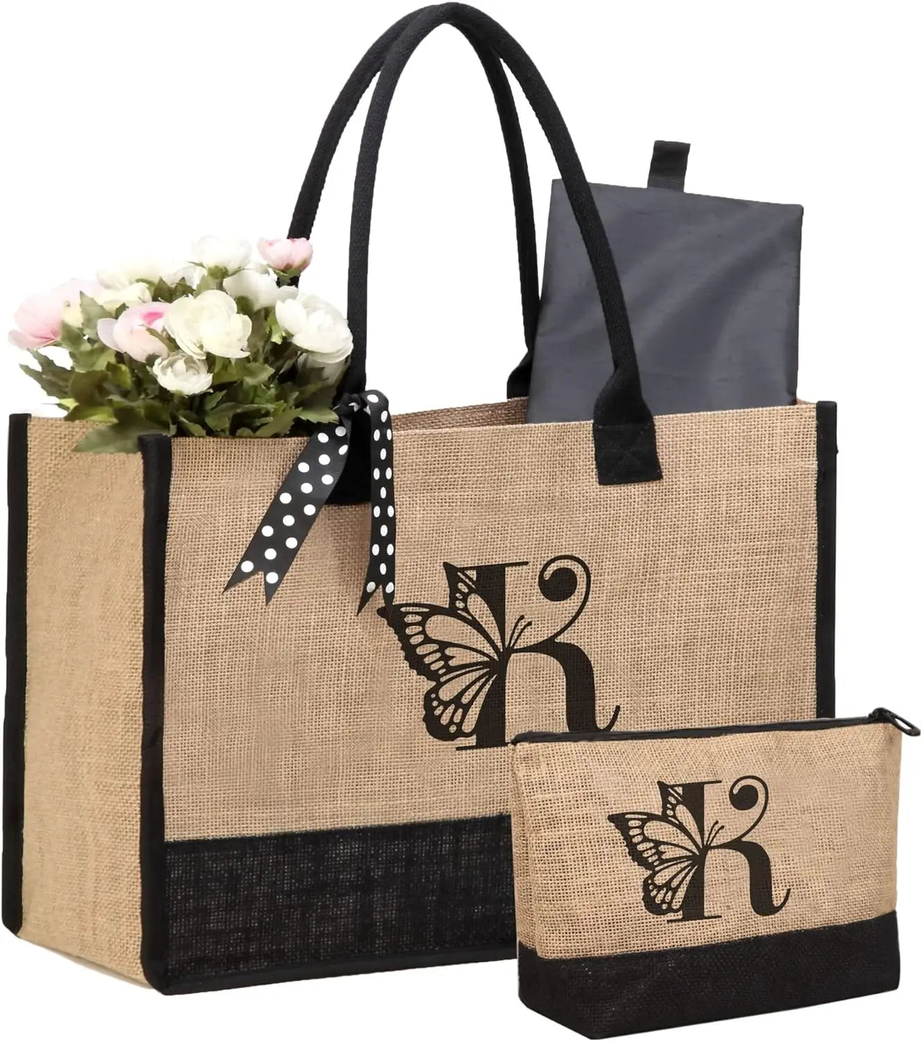 Custom Initial Monogrammed Letter Pattern Beach Tote Bag Personalized Jute Canvas Gift Bag for Women for Beach Travel & Holidays