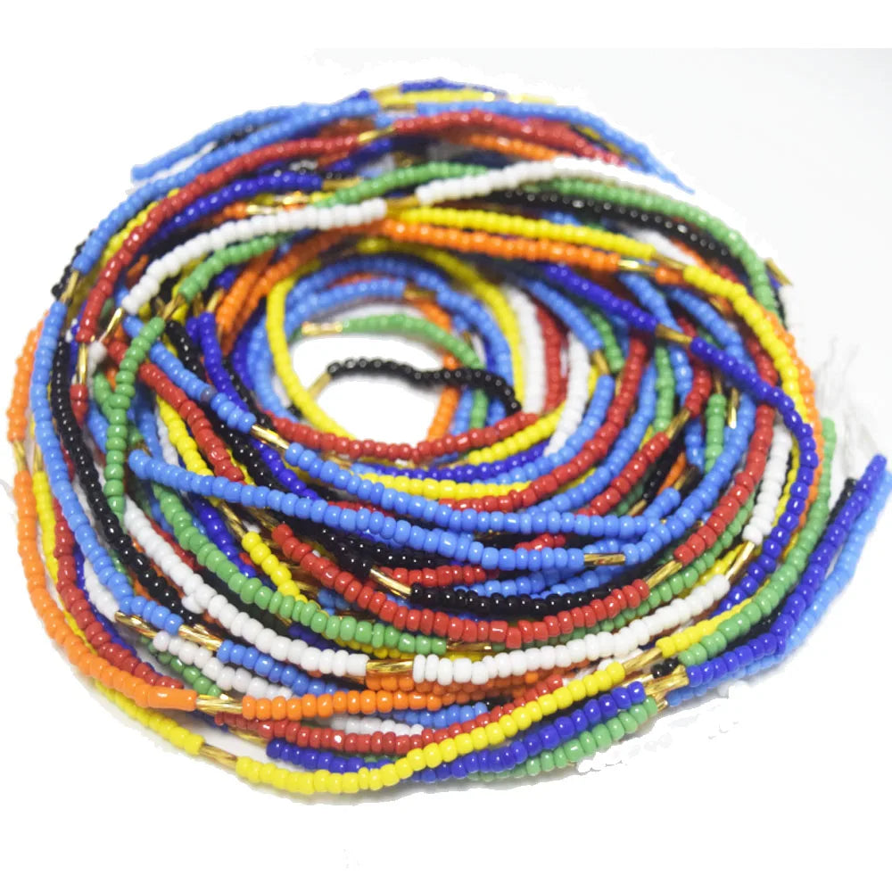 African Weight Loss African Tie on Waist Glass Beads Green White Gold Belly Chain with Clasp on Cotton String Strand Bulk Women