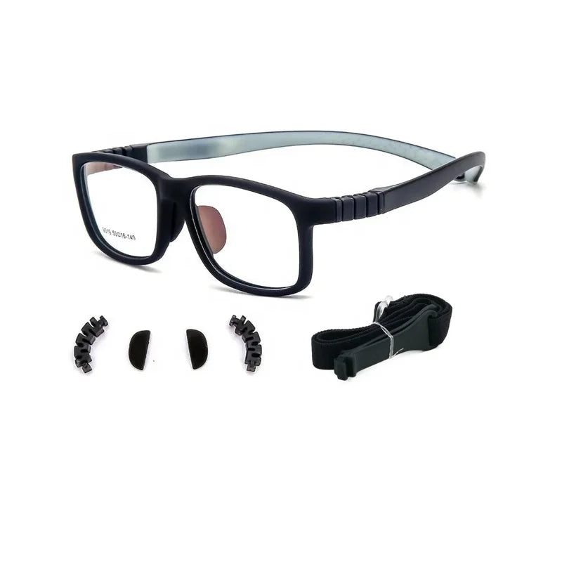 Fast Delivery TR90 Silicone Square Big Size Flexible Custom Logo Kids Sport Clip-On Back Strap Glasses Frame 9019 Optical Use