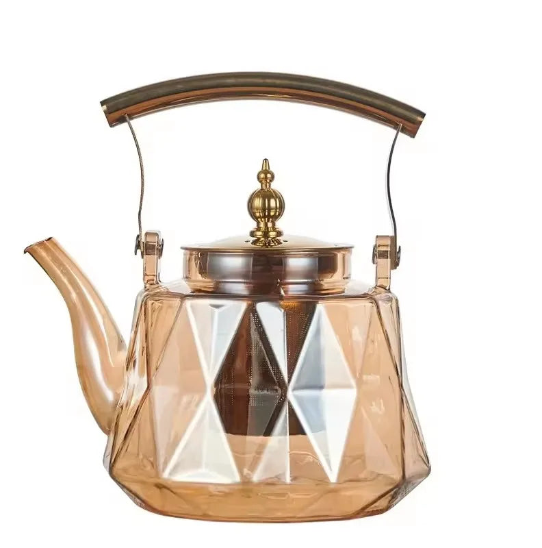 Diamond-shaped Curved Transparent Glass Teapot Golden Stainless Steel Inner tank Handle Beam for Restaurant
