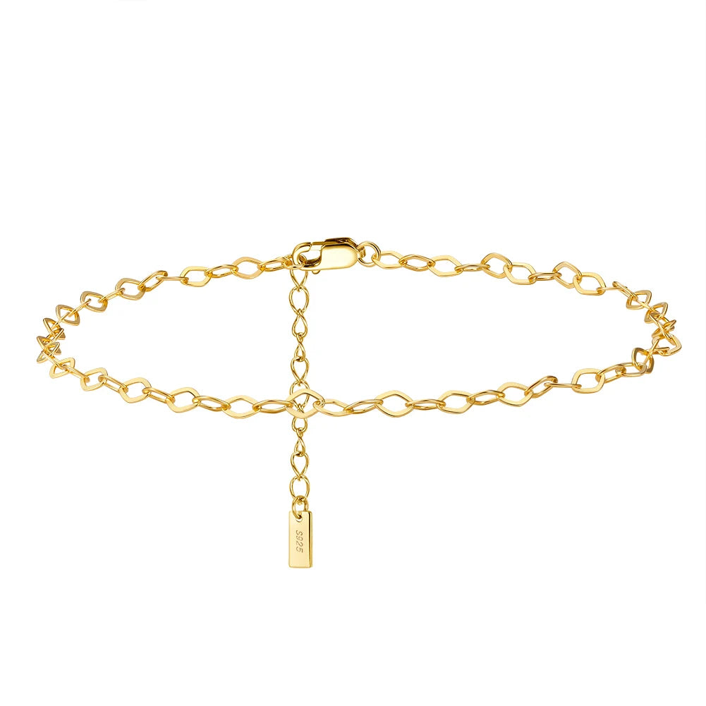RINNTIN SA44 14K Gold Plated Real 925 Sterling Silver Rhombus Chain Anklet Beach Adjustable Chain Anklet Foot Jewelry