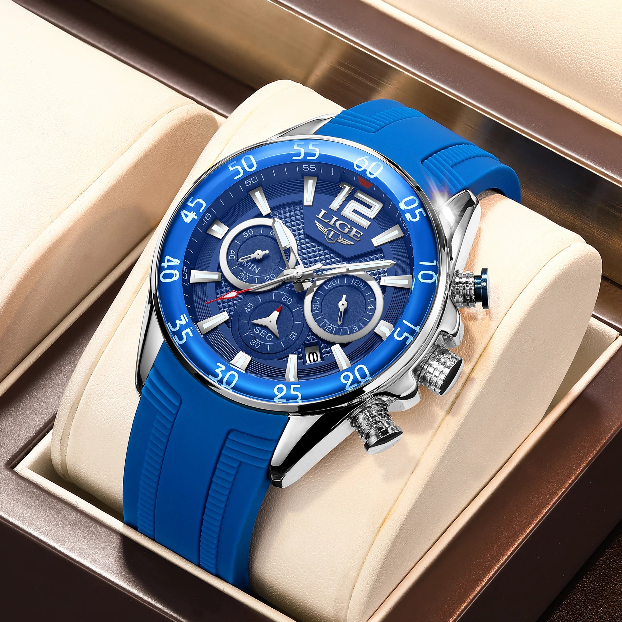 LIGE LG8934 Blue Silicone Men Watch Sports Waterproof Quartz Watch Men Wristwatches Chronograph Date Male Clock Montre Homme