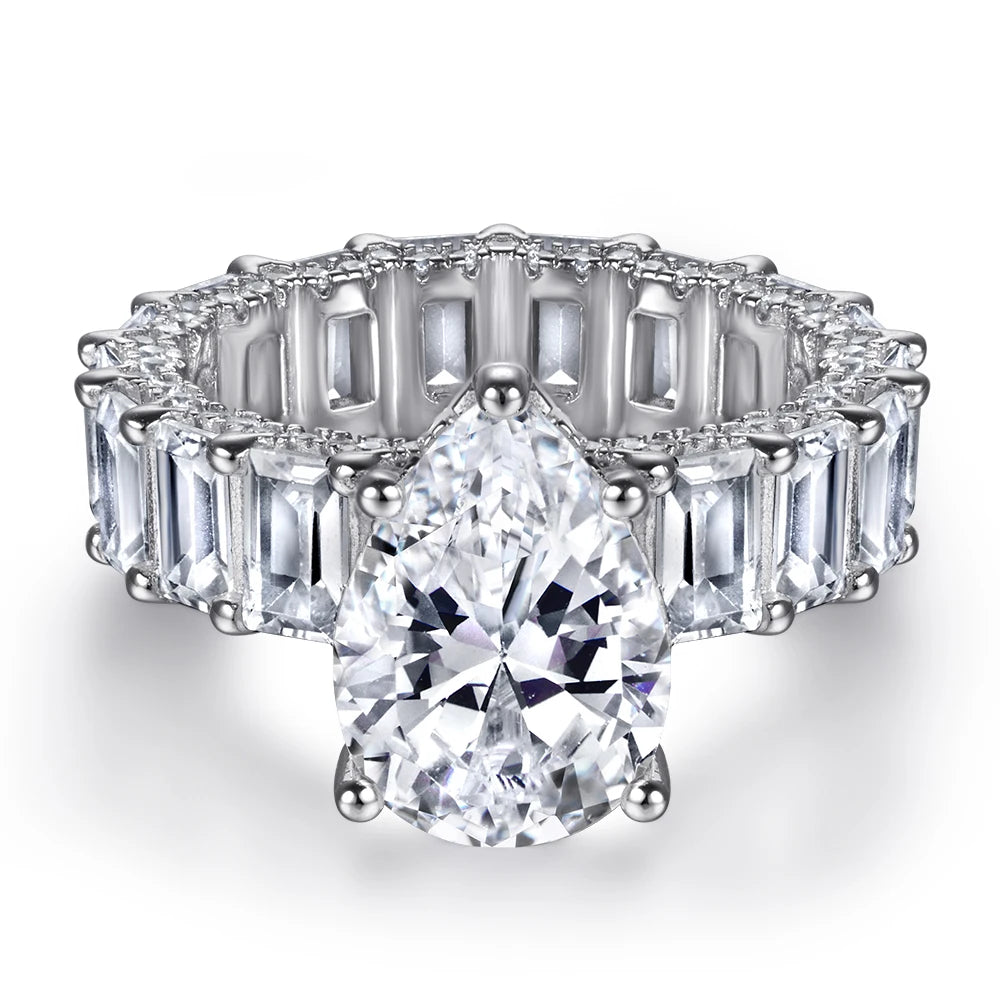 Iced Out Ring Silver Pear Waterdrop Shaped 8*12mm Baguette Icy Eternity Finger Wedding Band Rings 925 Silver