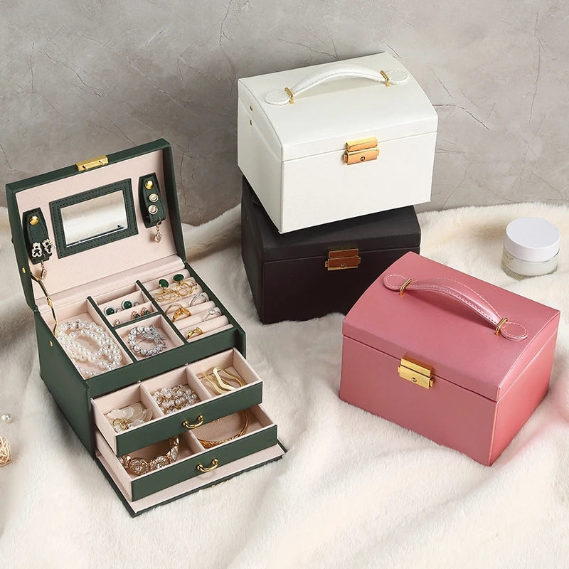 New Design 3 Layer Luxury PU Leather Jewelry Box Organizer With Mirror Drawer  Ring Earring Jewellery Storage Case for Gift
