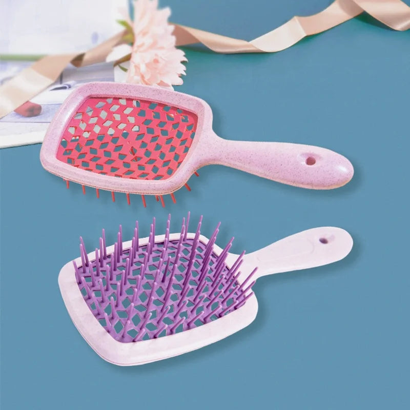 Custom New Design Wheat Straw Material Makeup Brush Hollow Big Curved Plastic Hollow Hair Brush
