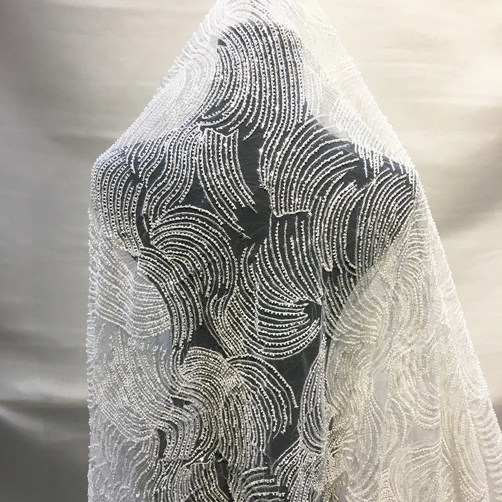 Beautiful Bridal Tulle Lace Fabric for Weddings Embroidery Heavily Beaded Sequined Lace Fabric With Pearls