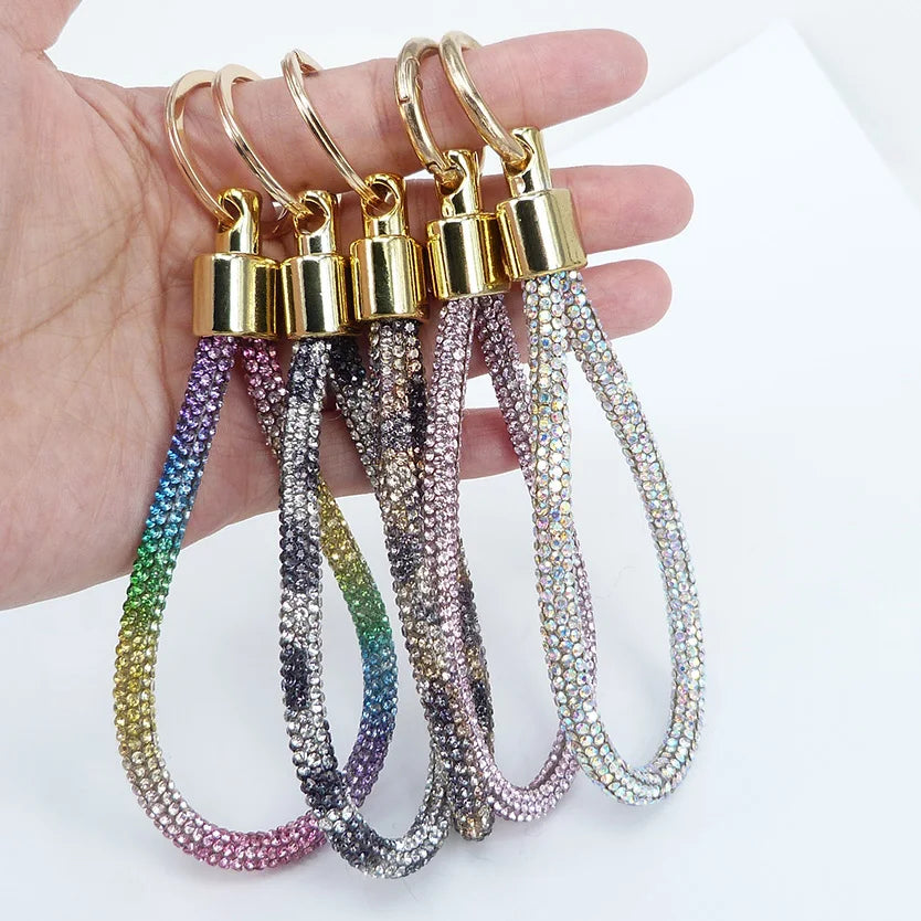 Fashion PU Woven Leather Rope Diamond-encrusted Car Key Chain Braided Rope Simple Bag Accessories Keychains With Rhinestones