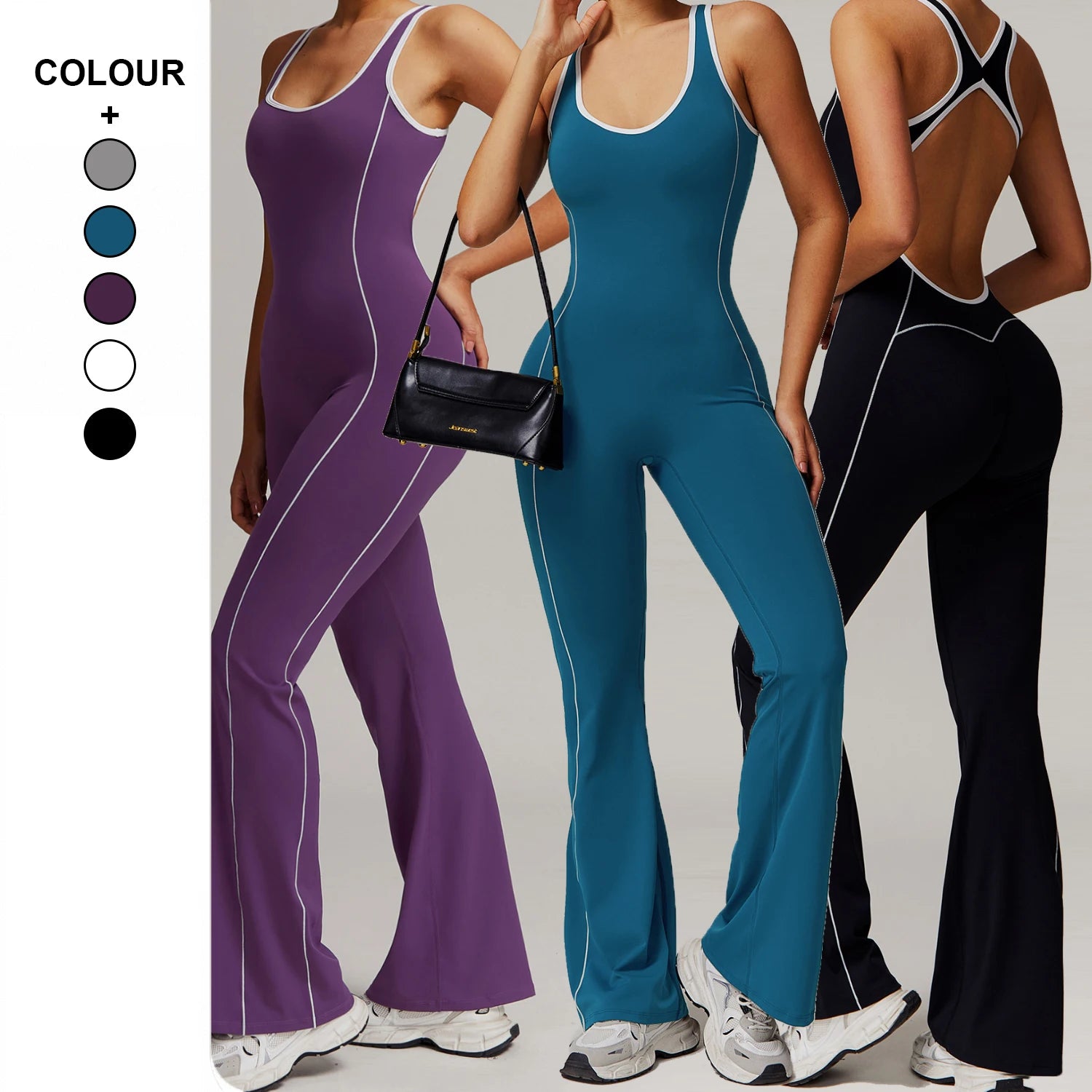 Custom Logo Workout Hollow Back Tight One Pieces Yoga Suit Dance Sports Jumpsuit Women Sportswear Butt Lift Flared Jumpsuit