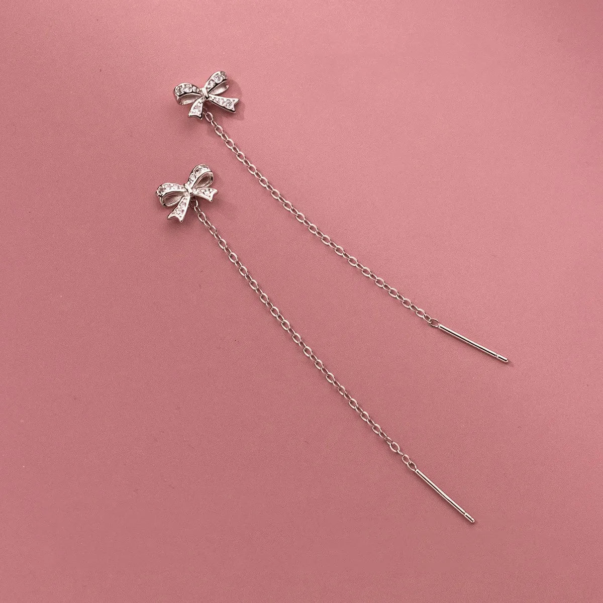 Cubic Zirconia Bowknot Shape Long Chain Ear Threader 925 Sterling Silver Drop Earrings Women Fashion Jewelry