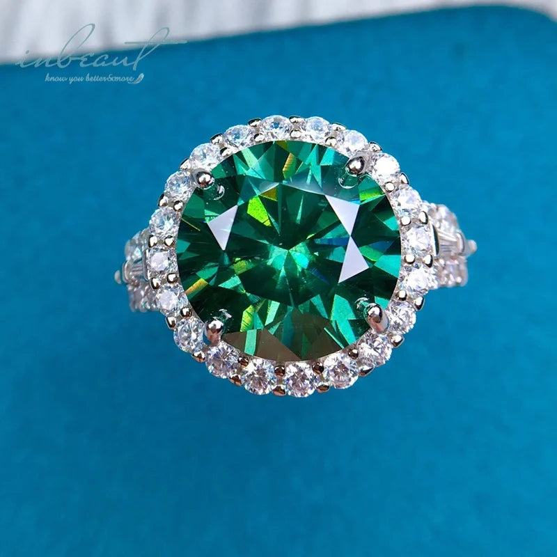 Silver 925 Original 6 Carat Round Brilliant Cut Diamond Test Past Sparkling Green Moissanite Ring for Women Wedding Fine Jewelry