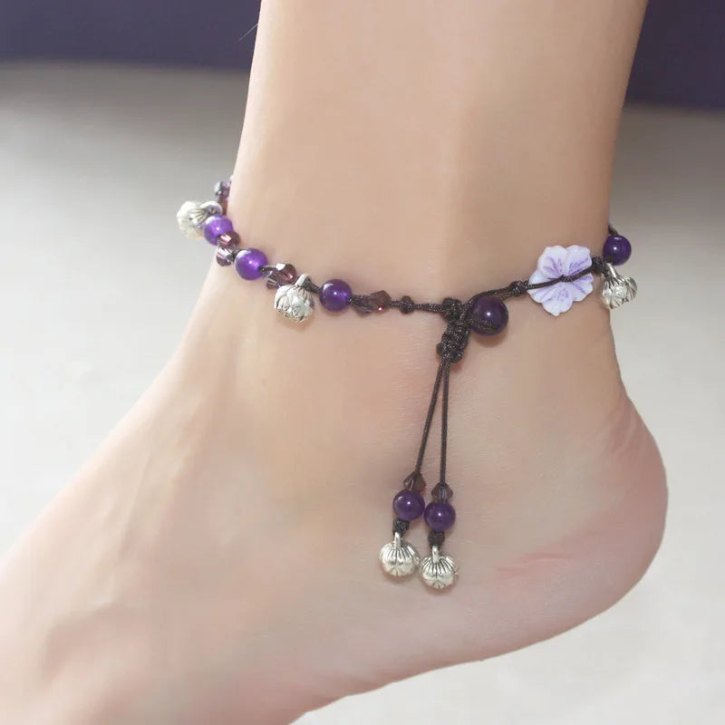 2023 New Design Shell Anklet Bohemia Handmade Purple Stone Beaded Adjustable Anklet for Women Beach Jewelry