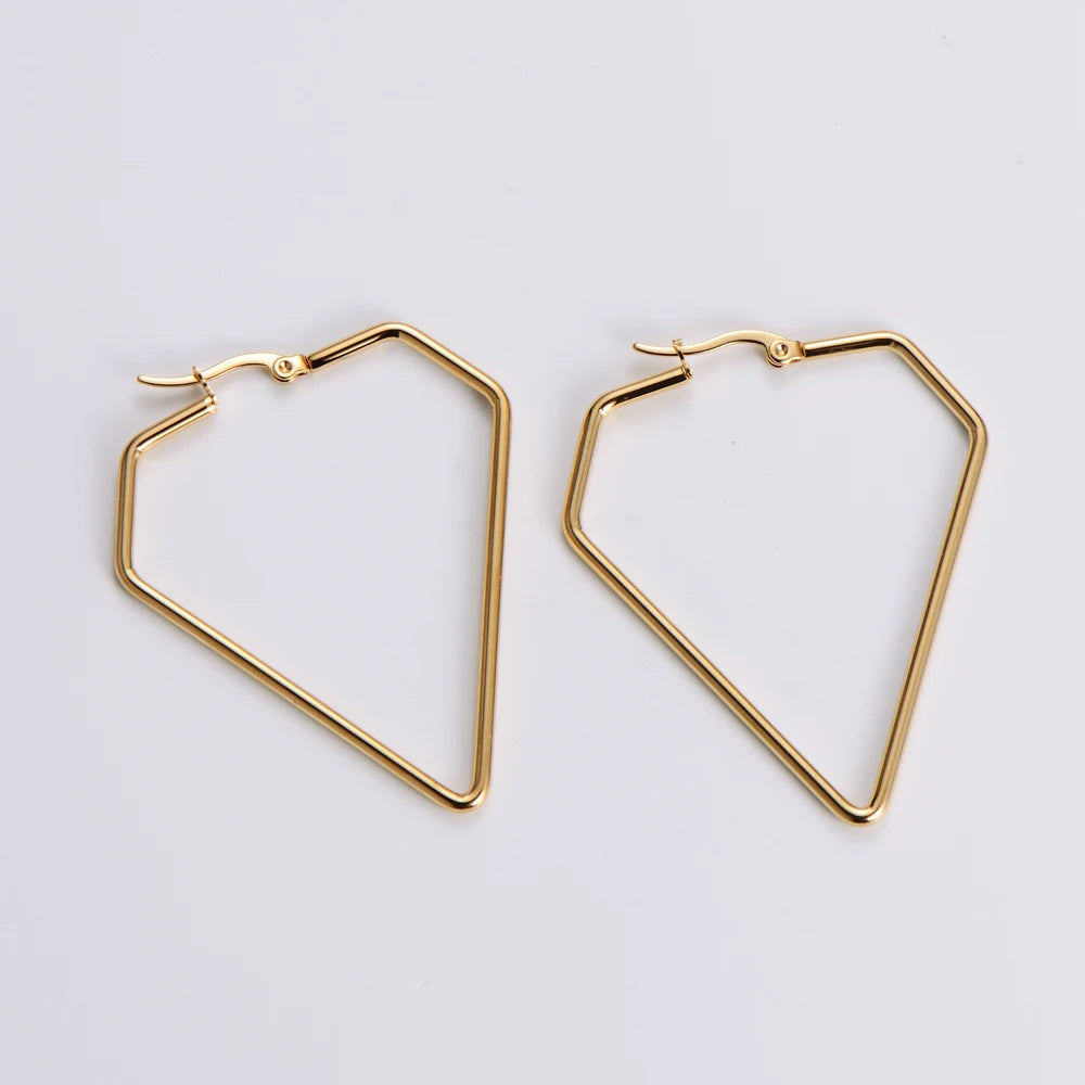 Simple Women Girl Thin Wire Diamond Shape Surgical Stainless Steel 18k Gold Hoop Dangling Earrings