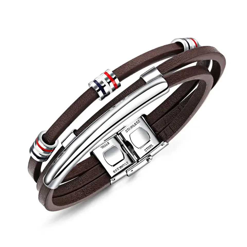 Men's Fashion Vintage Stainless Steel Magnetic Clasp Leather Bracelet Multilayer Genuine Leather Wrap Cuff Wristbands PH1219
