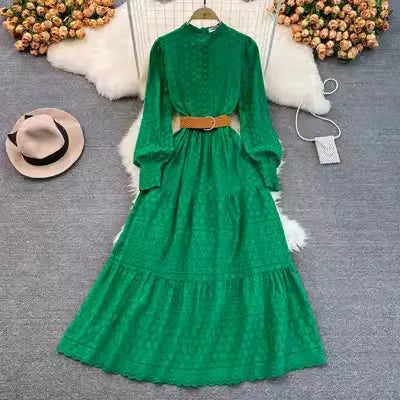 S-2XL Stand up Collar Bubble Sleeve A-line Dress Beach Vacation Long Dress With Large Hem Beach Dress
