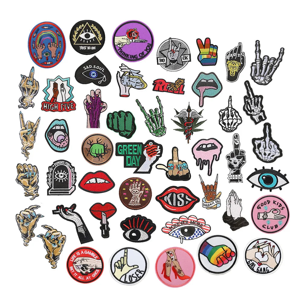 Hot Sale Ghost Skull Skeleton Middle Finger Hand Gesture Mouth Lip Eye  Iron on Hip Hop Rock and Roll Embroidery Punk Patches