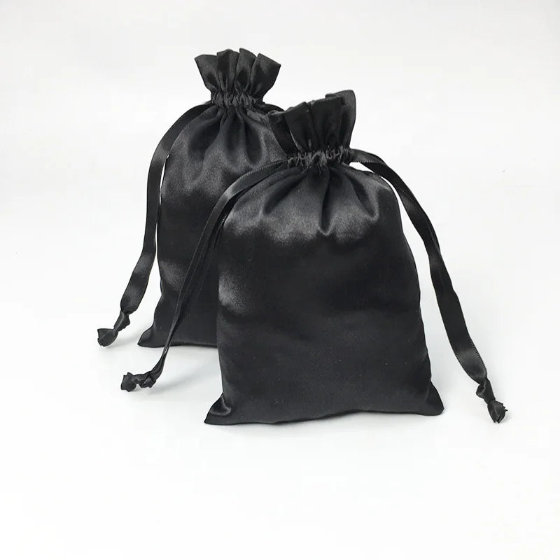 Custom All-Black Drawstring Bundles Satin Hair Bag Reusable and Dirt Resistant Packaging for Jewelry Gifts