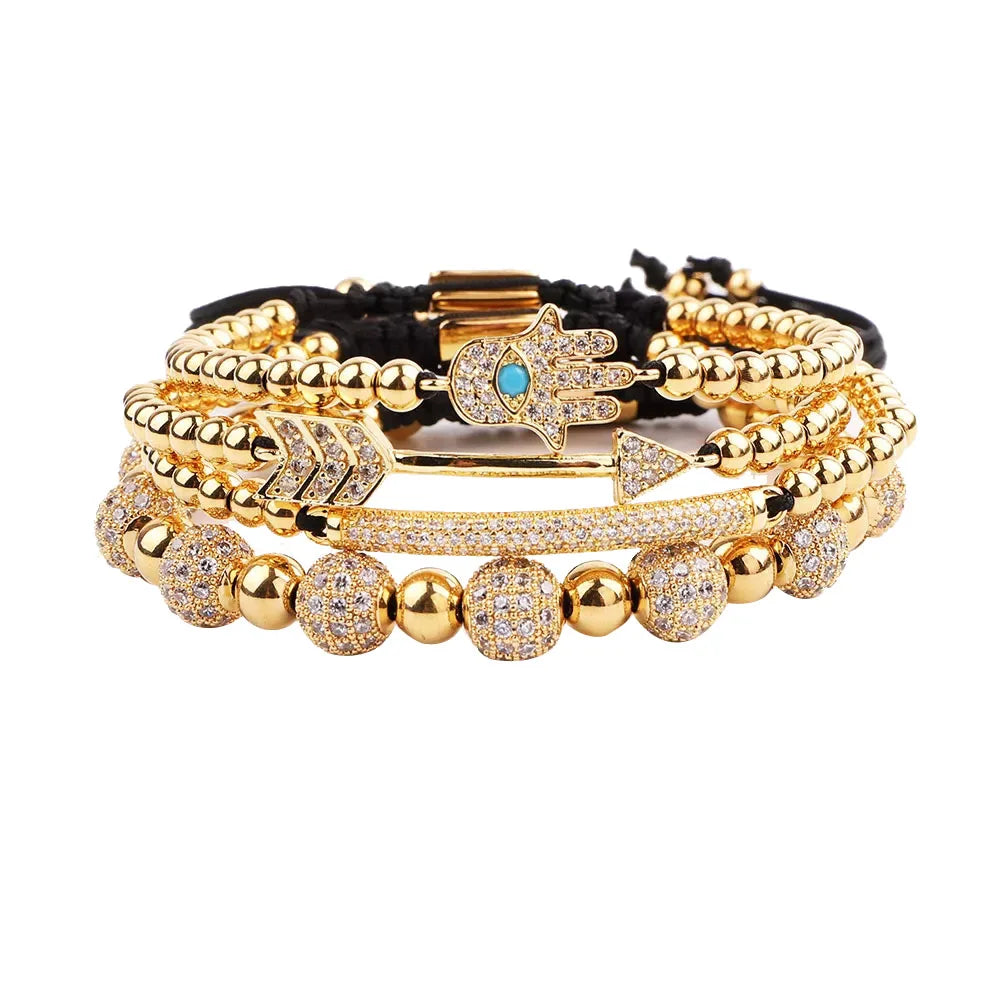 New Design Luxury Micro CZ Pave Hand Arrow Ball Gold Color Beads Stainless Steel Custom Logo Macrame Bracelet Women Men JBS11653