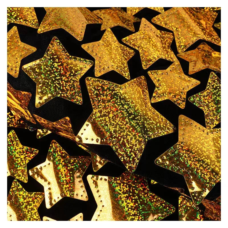 Eco-friendly Sustainable 100% Polyester Sequins Lace Laser Embroidery Five-pointed Star Stage Dance Costume Fabric Miniature