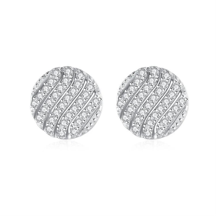 Women Fashion 925 Sterling Silver Simple Paved Full CZ Diamond Zircons Round Disc Shape Stud Earrings