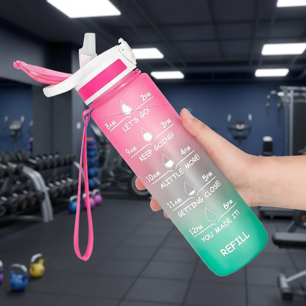 1000ml 1 Litre Motivational Plastic Cycling Gym Sports Drinking Water Gym Bottle With Straw