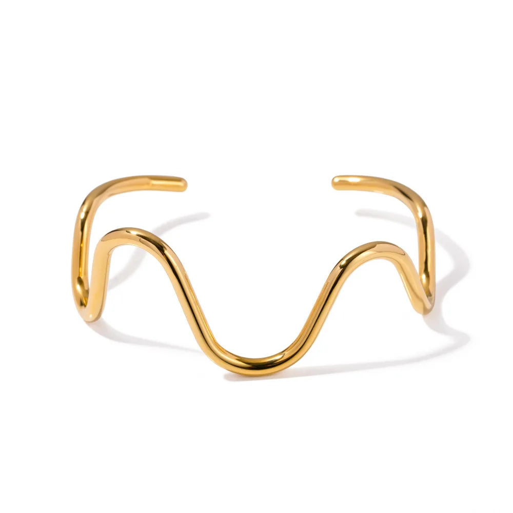 Wholesale Fashion Lady Jewelry Waterproof 18 K Gold Plated Bracelets Stainless Steel Curve Wave Cuff Bracelet Bangles for Women