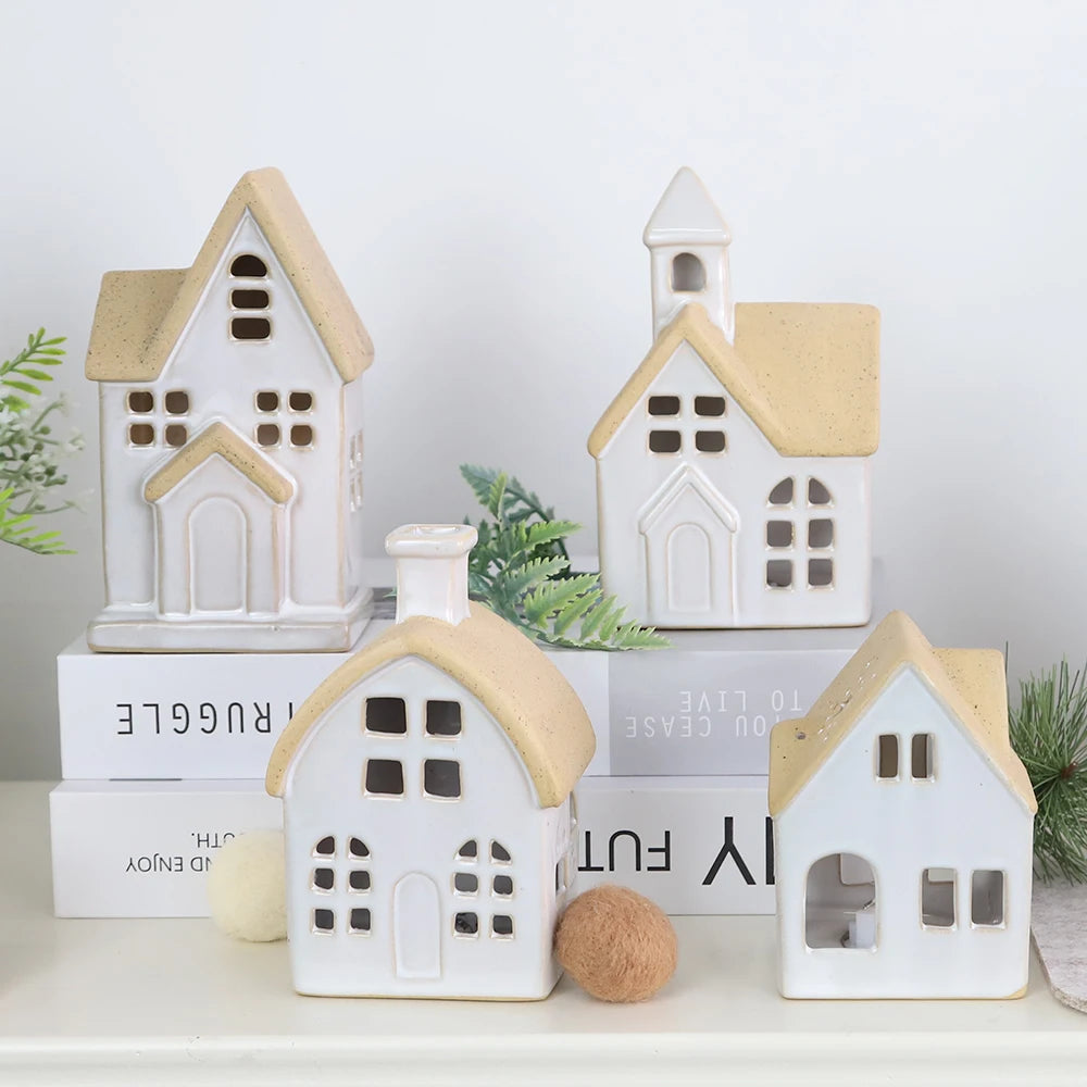 Holiday Farmhouse Rustic Decor LED Lighted Ceramic Christmas Village Houses Figurines Indoor for Home Table Mantle Fireplace