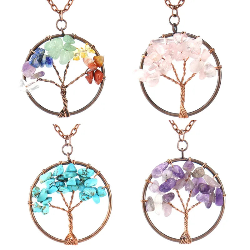 7 Chakra Natural Stone Crystal Gravel Pendant Copper Winding Tree of Life Gemstone Pendants Fashion Gemstone Jewelry