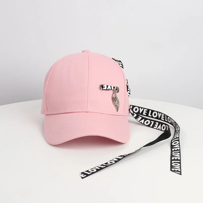 Korean Fashion Dobby Twill Baseball Cap Unisex Long Ribbon Leaf Pendant Wild Letter Embroidery Bent Hat