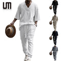 Liu Ming Hot Selling Wholesale 2024 Summer Men Clothes Fashion V Neck Loose T Shirt Knitwear Trousers Two Piece Set